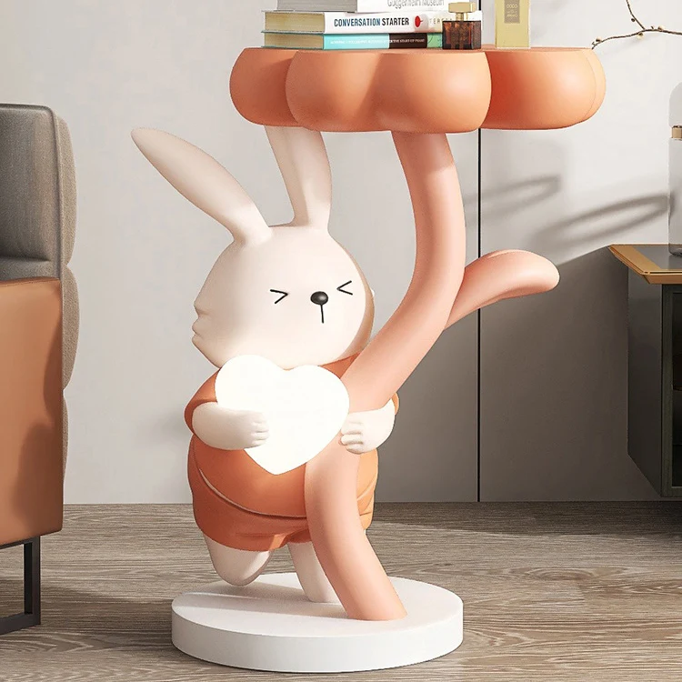 Modern Art Deco Resin Clover Cartoon Rabbit End Table 1-Tier For Living Room