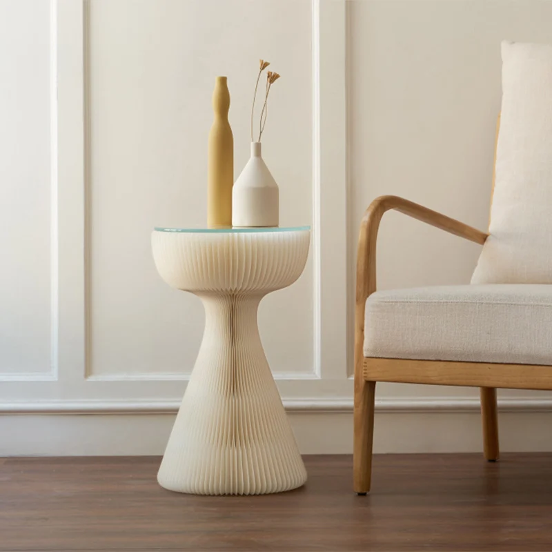 Contemporary Creative Tempered Glass Paper Cone Round End Table 1-Tier For Living Room