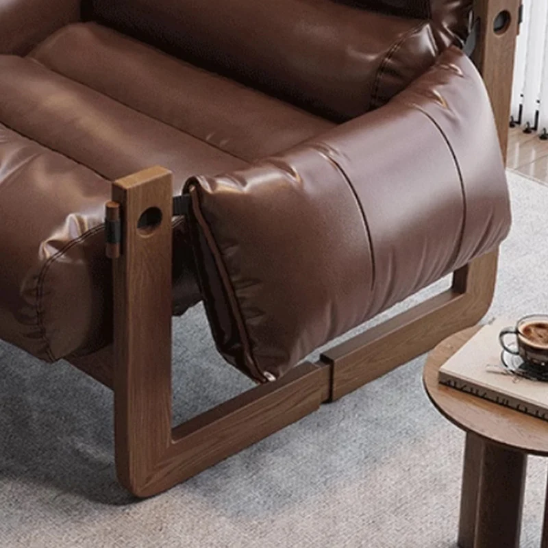 Traditional Chinese Faux Oil-Wax Leather Wood Curved Square Accent Chair With Backrest & Armrest For Living Room