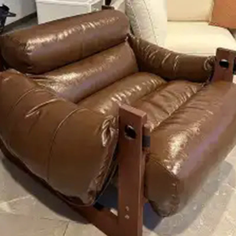Traditional Chinese Faux Oil-Wax Leather Wood Curved Square Accent Chair With Backrest & Armrest For Living Room