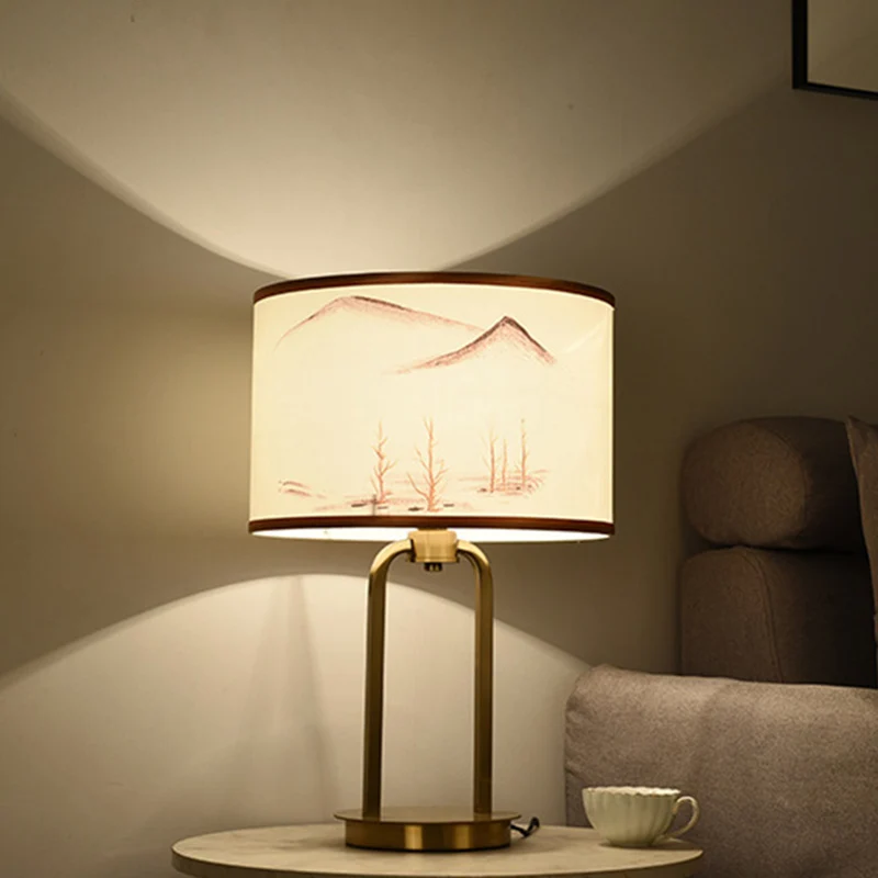 Traditional Chinese Fabric Metal Arched Cylinder 1-Light Table Lamp For Bedroom