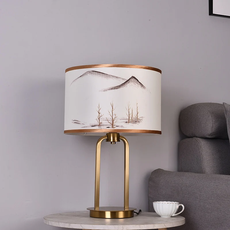 Traditional Chinese Fabric Metal Arched Cylinder 1-Light Table Lamp For Bedroom
