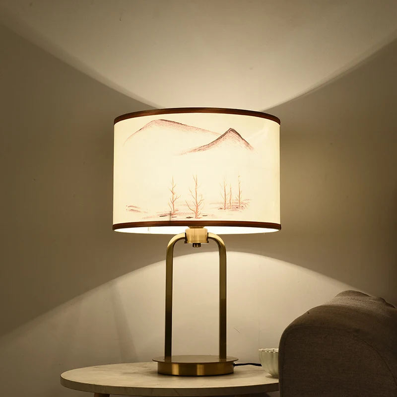 Traditional Chinese Fabric Metal Arched Cylinder 1-Light Table Lamp For Bedroom
