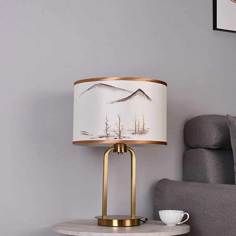 Traditional Chinese Fabric Metal Arched Cylinder 1-Light Table Lamp For Bedroom