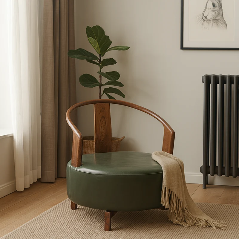 Contemporary Nordic Round Beech PU Leather Sponge Swivel Accent Chair Backrest Armless For Living Room