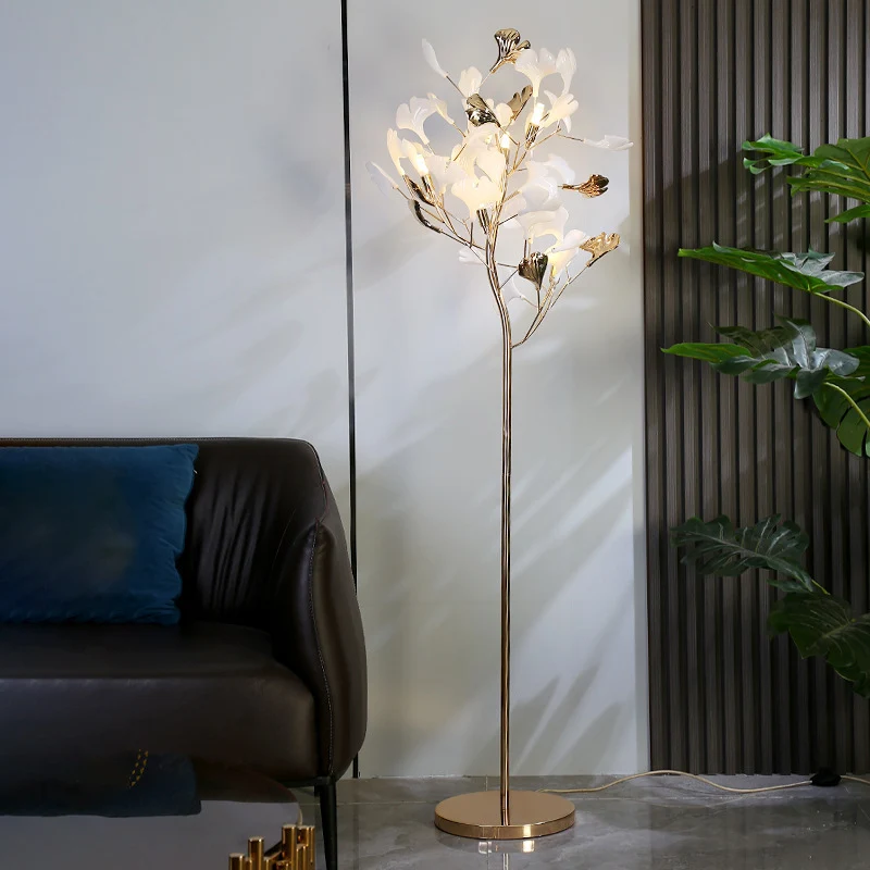 Contemporary Creative Metal Porcelain Acrylic Ginkgo Leaf 5-Light Standing Floor Lamp For Bedroom