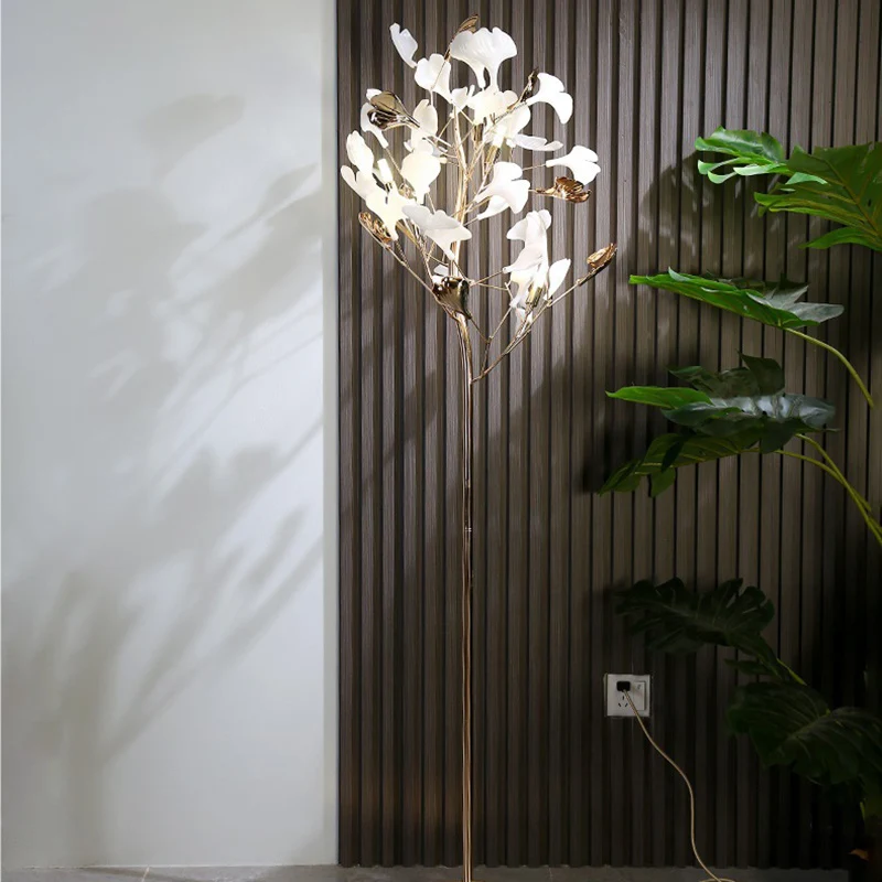 Contemporary Creative Metal Porcelain Acrylic Ginkgo Leaf 5-Light Standing Floor Lamp For Bedroom
