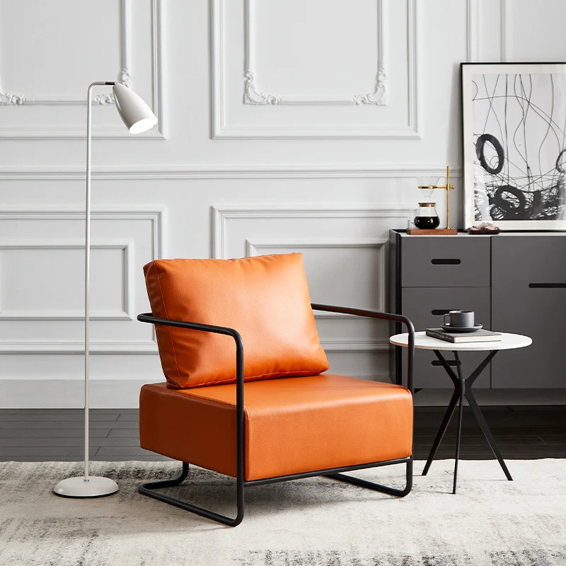 Contemporary Industrial Rectangular Carbon Steel Faux Leather Synthetic Fabric Single Person Accent Chair Backrest Armrest For Living Room