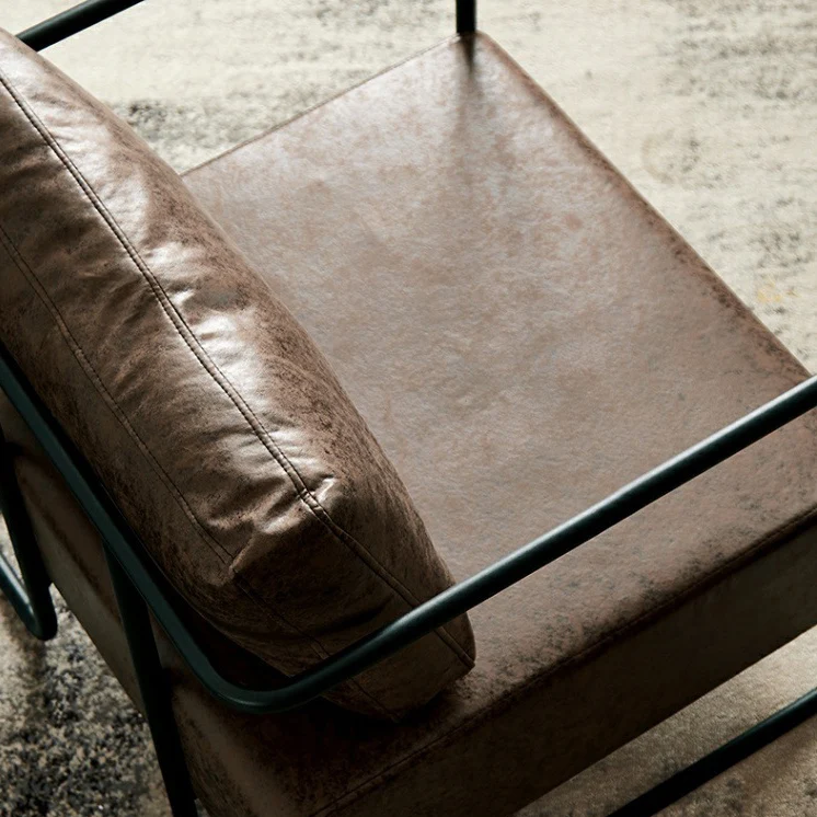 Contemporary Industrial Rectangular Carbon Steel Faux Leather Synthetic Fabric Single Person Accent Chair Backrest Armrest For Living Room