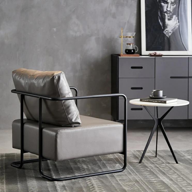 Contemporary Industrial Rectangular Carbon Steel Faux Leather Synthetic Fabric Single Person Accent Chair Backrest Armrest For Living Room