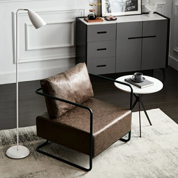 Contemporary Industrial Rectangular Carbon Steel Faux Leather Synthetic Fabric Single Person Accent Chair Backrest Armrest For Living Room