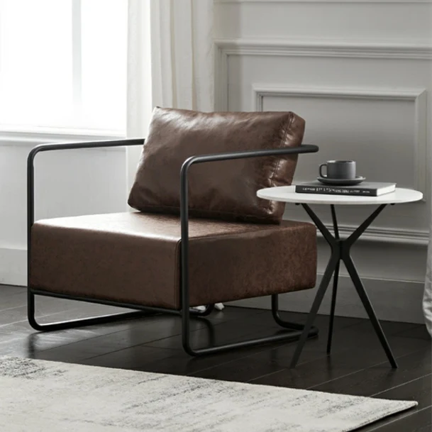 Contemporary Industrial Rectangular Carbon Steel Faux Leather Synthetic Fabric Single Person Accent Chair Backrest Armrest For Living Room