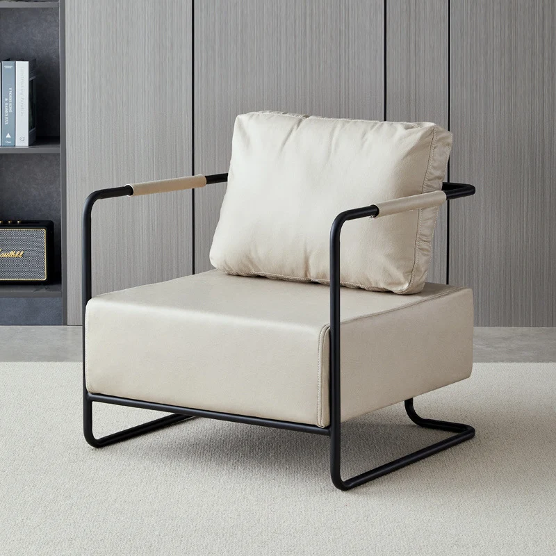 Contemporary Industrial Rectangular Carbon Steel Faux Leather Synthetic Fabric Single Person Accent Chair Backrest Armrest For Living Room