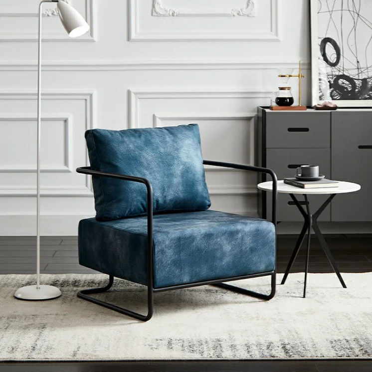 Contemporary Industrial Rectangular Carbon Steel Faux Leather Synthetic Fabric Single Person Accent Chair Backrest Armrest For Living Room