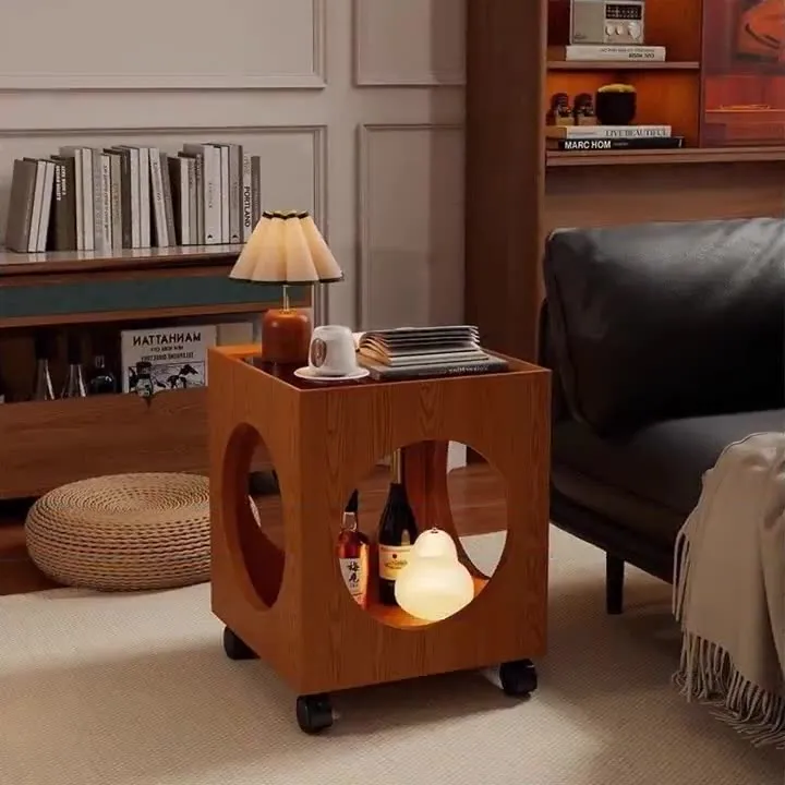 Contemporary Creative Tempered Glass Solid Wood Hollow Square End Table With 2-Tiers For Living Room