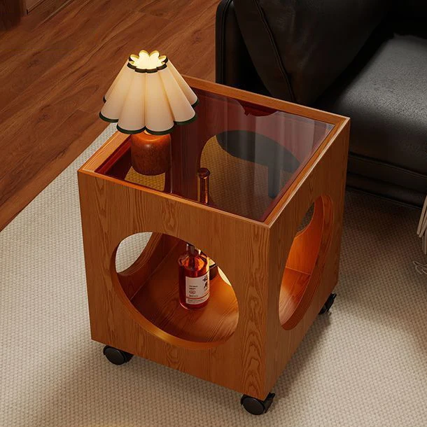Contemporary Creative Tempered Glass Solid Wood Hollow Square End Table With 2-Tiers For Living Room