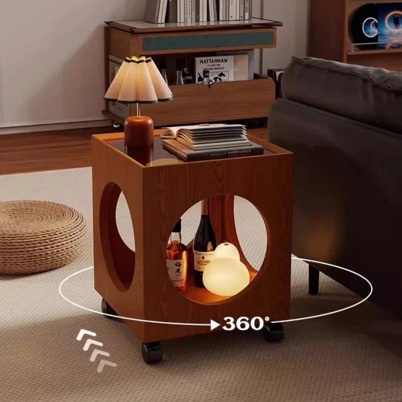 Contemporary Creative Tempered Glass Solid Wood Hollow Square End Table With 2-Tiers For Living Room