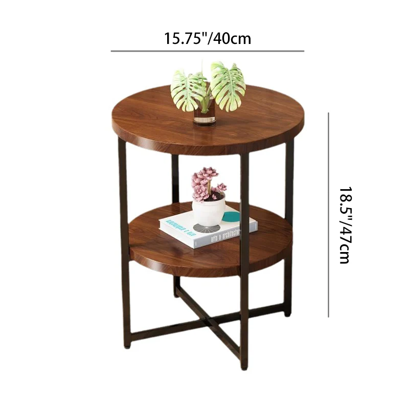 Traditional Vintage Solid Wood Metal Round Cross-Leg End Table With 2-Tier For Living Room