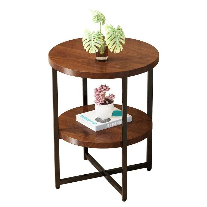 Traditional Vintage Solid Wood Metal Round Cross-Leg End Table With 2-Tier For Living Room