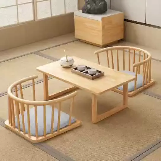 Traditional Japanese Cotton-Linen Rubberwood Curved Floor Chair With Backrest For Living Room