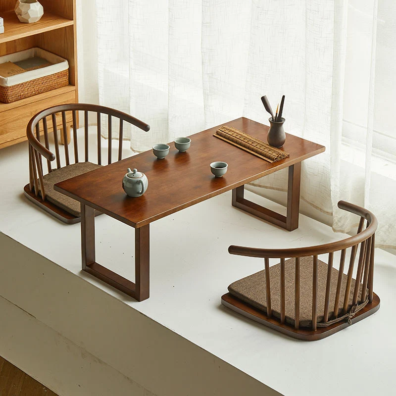 Traditional Japanese Cotton-Linen Rubberwood Curved Floor Chair With Backrest For Living Room