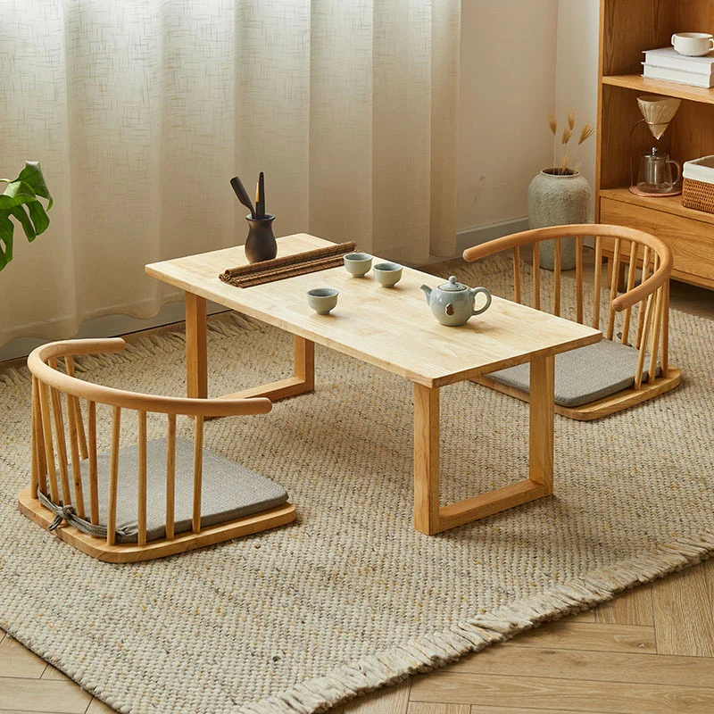 Traditional Japanese Cotton-Linen Rubberwood Curved Floor Chair With Backrest For Living Room