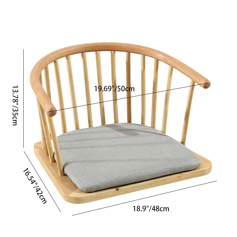 Traditional Japanese Cotton-Linen Rubberwood Curved Floor Chair With Backrest For Living Room