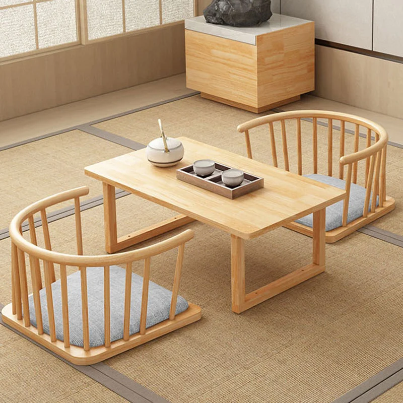 Traditional Japanese Cotton-Linen Rubberwood Curved Floor Chair With Backrest For Living Room