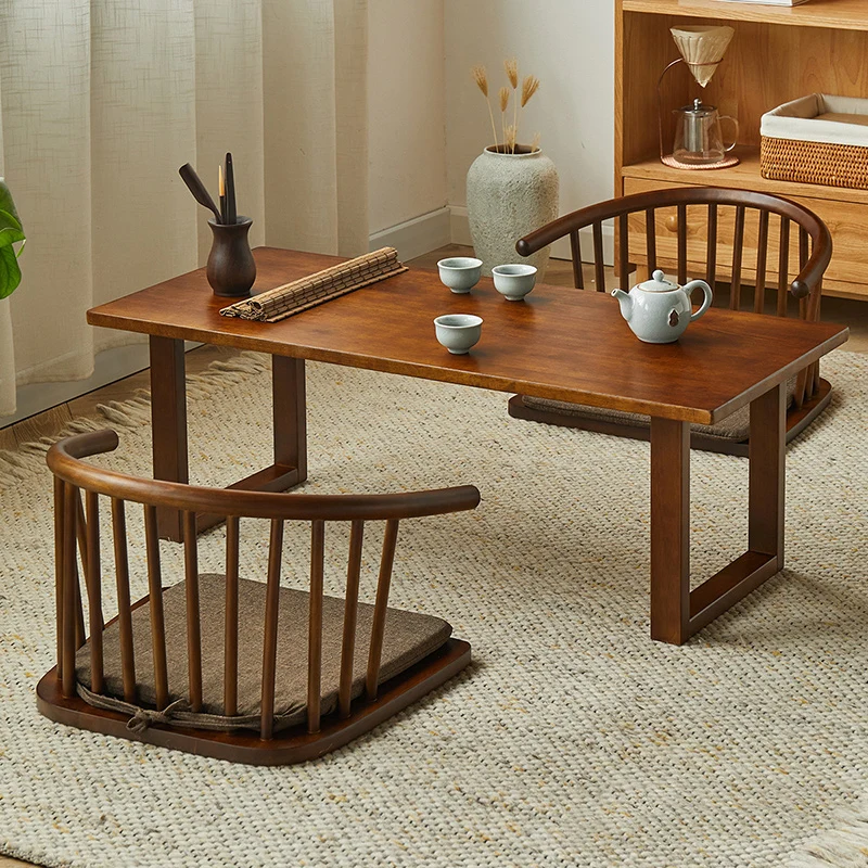 Traditional Japanese Cotton-Linen Rubberwood Curved Floor Chair With Backrest For Living Room