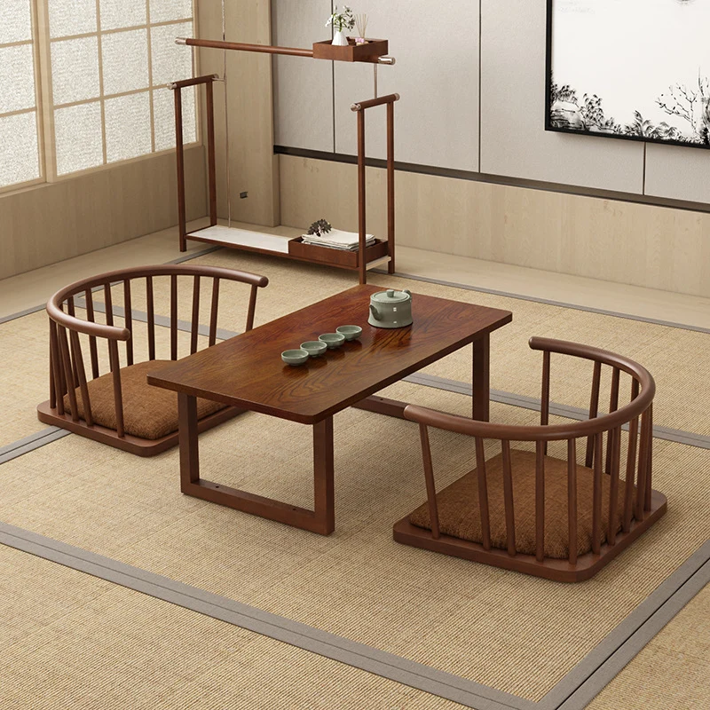 Traditional Japanese Cotton-Linen Rubberwood Curved Floor Chair With Backrest For Living Room