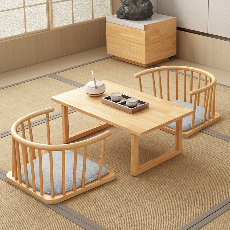 Traditional Japanese Cotton-Linen Rubberwood Curved Floor Chair With Backrest For Living Room