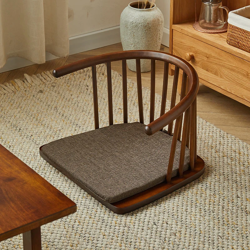 Traditional Japanese Cotton-Linen Rubberwood Curved Floor Chair With Backrest For Living Room