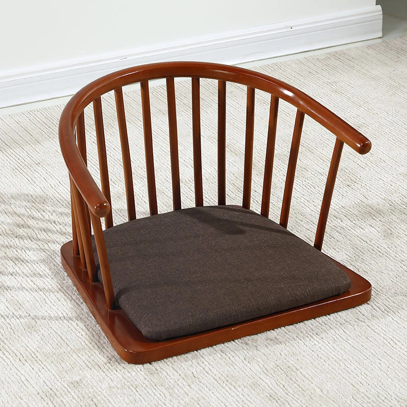 Traditional Japanese Cotton-Linen Rubberwood Curved Floor Chair With Backrest For Living Room