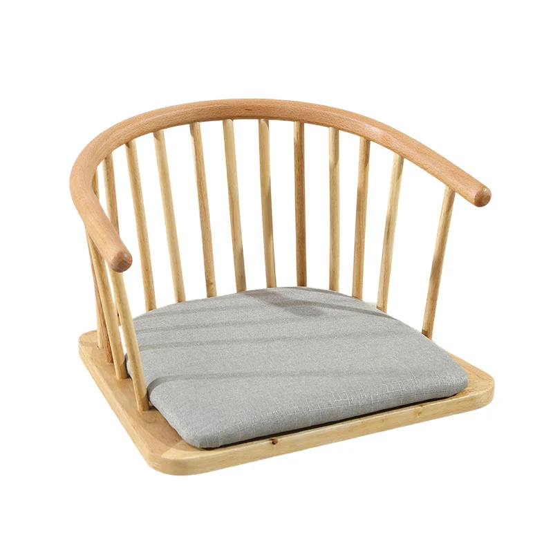 Traditional Japanese Cotton-Linen Rubberwood Curved Floor Chair With Backrest For Living Room