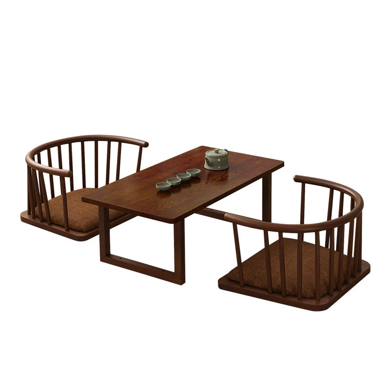 Traditional Japanese Cotton-Linen Rubberwood Curved Floor Chair With Backrest For Living Room