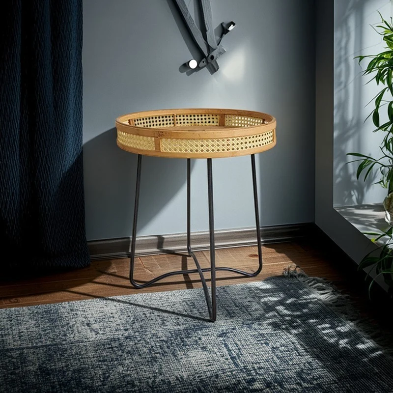 Traditional Rustic Round Bamboo Weaving Iron End Table 1-Tier For Living Room