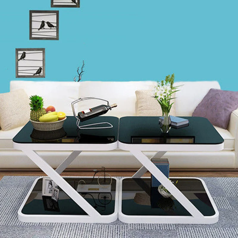 Modern Minimalist Tempered Glass Steel Z-Shaped Rounded End Table With 2-Tier For Living Room