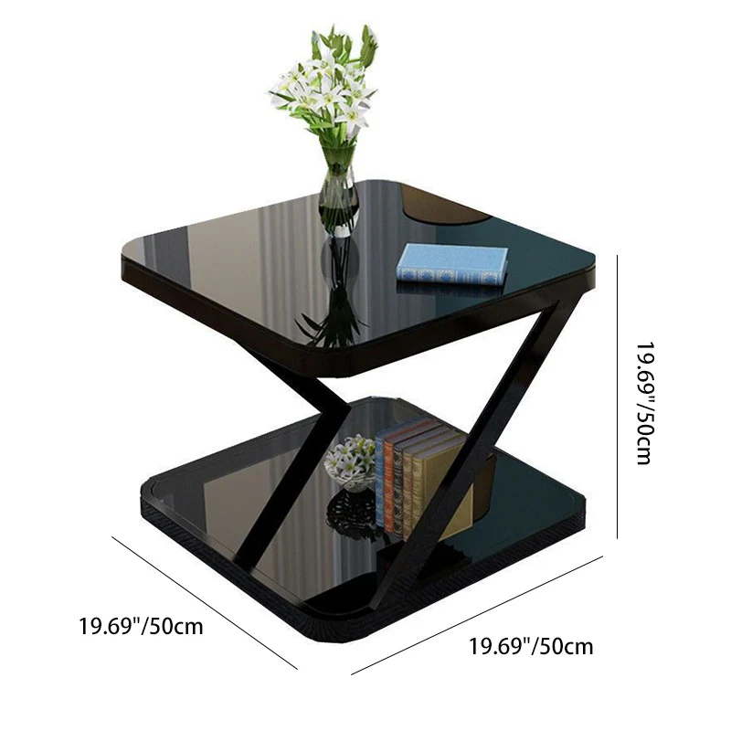 Modern Minimalist Tempered Glass Steel Z-Shaped Rounded End Table With 2-Tier For Living Room