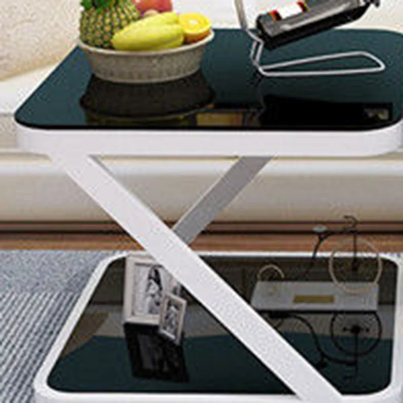 Modern Minimalist Tempered Glass Steel Z-Shaped Rounded End Table With 2-Tier For Living Room