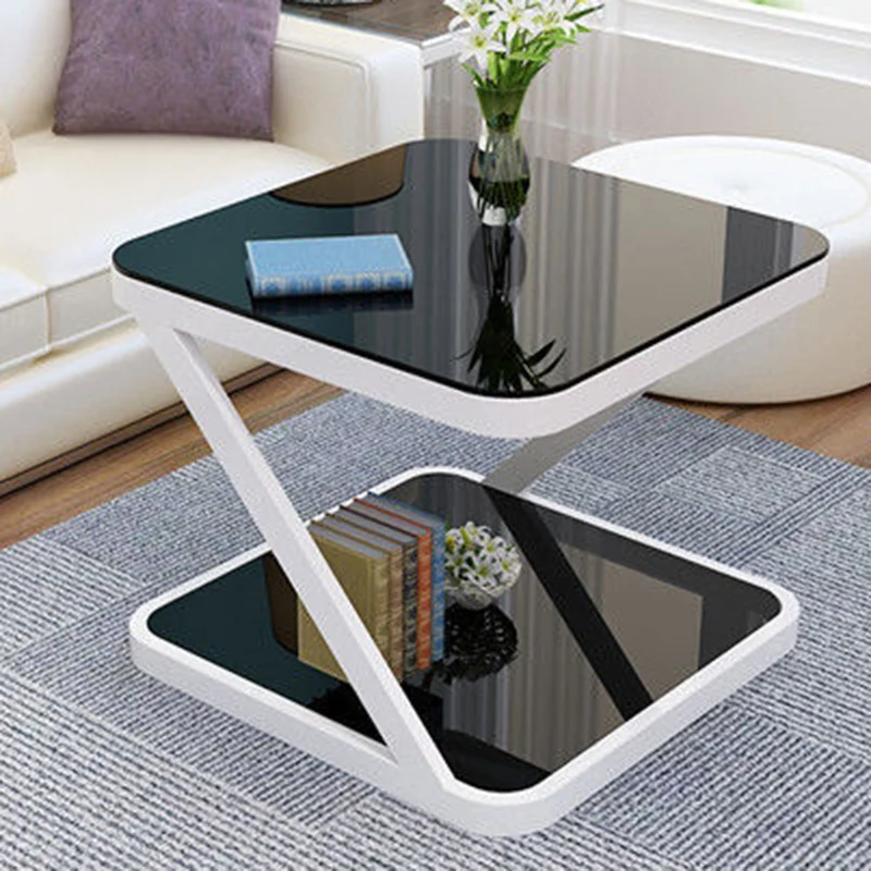 Modern Minimalist Tempered Glass Steel Z-Shaped Rounded End Table With 2-Tier For Living Room