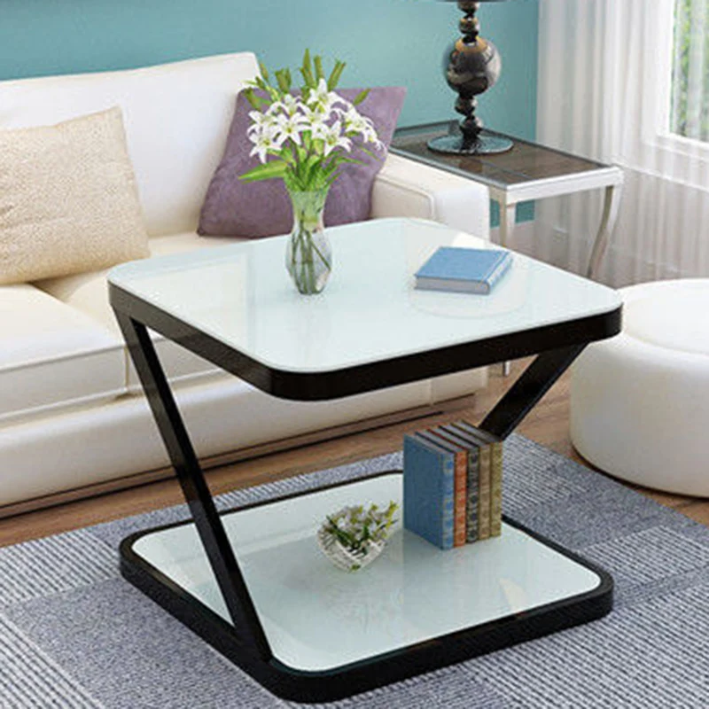Modern Minimalist Tempered Glass Steel Z-Shaped Rounded End Table With 2-Tier For Living Room