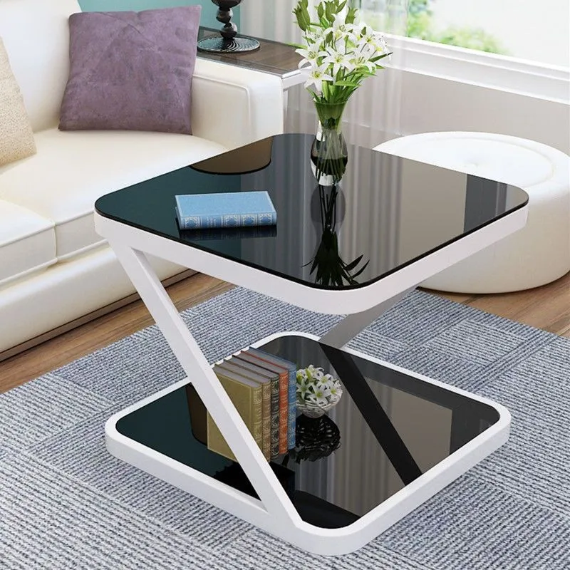 Modern Minimalist Tempered Glass Steel Z-Shaped Rounded End Table With 2-Tier For Living Room