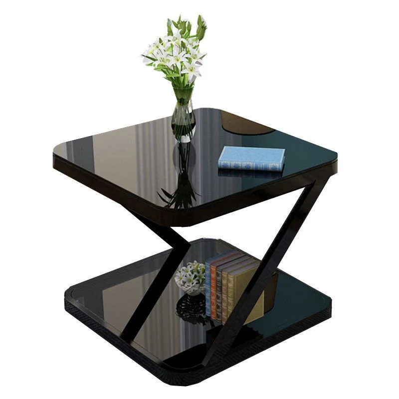 Modern Minimalist Tempered Glass Steel Z-Shaped Rounded End Table With 2-Tier For Living Room