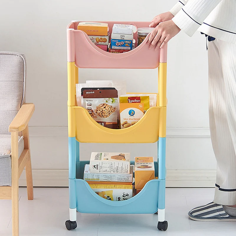 Contemporary Scandinavian PP End Table With Wheels 3-Tier Toy & Snack Storage Rack For Living Room
