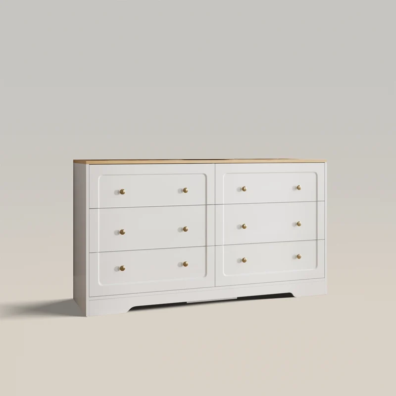 Farmhouse 6 Drawers Dresser White Storage Cabinet with Gold Handles