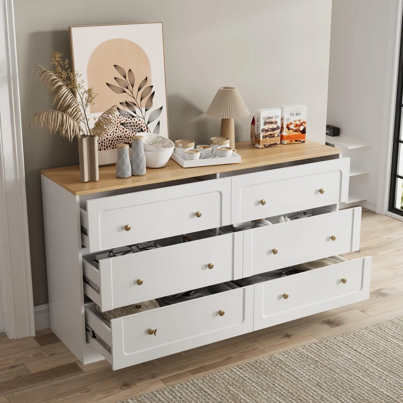 Farmhouse 6 Drawers Dresser White Storage Cabinet with Gold Handles