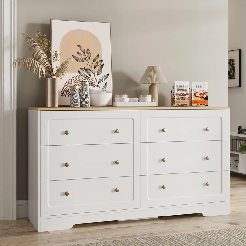 Farmhouse 6 Drawers Dresser White Storage Cabinet with Gold Handles