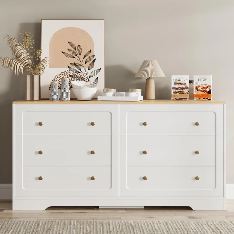 Farmhouse 6 Drawers Dresser White Storage Cabinet with Gold Handles