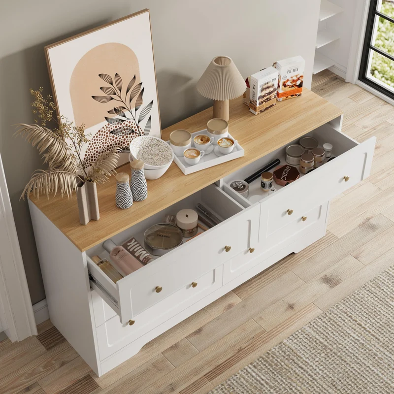 Farmhouse 6 Drawers Dresser White Storage Cabinet with Gold Handles