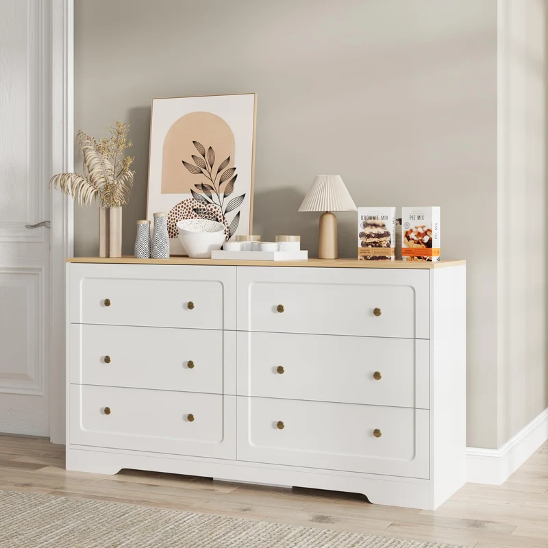 Farmhouse 6 Drawers Dresser White Storage Cabinet with Gold Handles